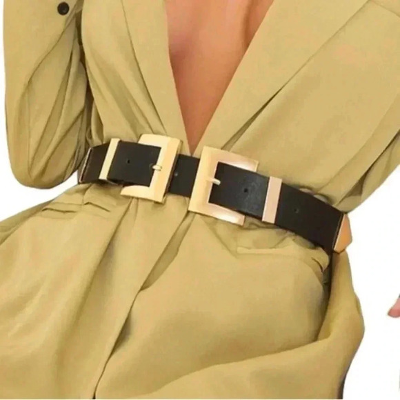Boutique Accessories - Gold Chunky Double Buckle Black Vegan Leather Wide Waist Corset Belt